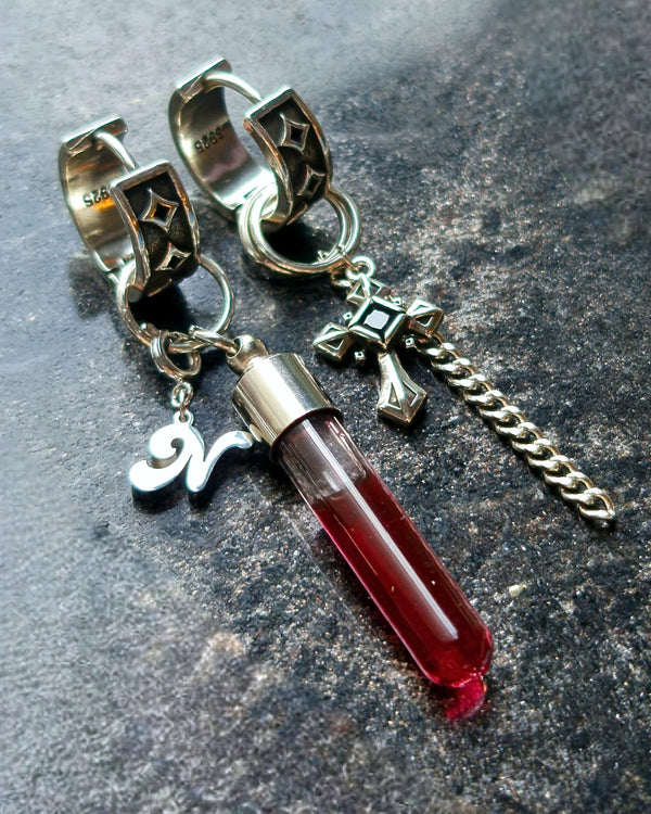 Mismatched Earrings With Imitation Blood Tube And Cross - Nikaneko